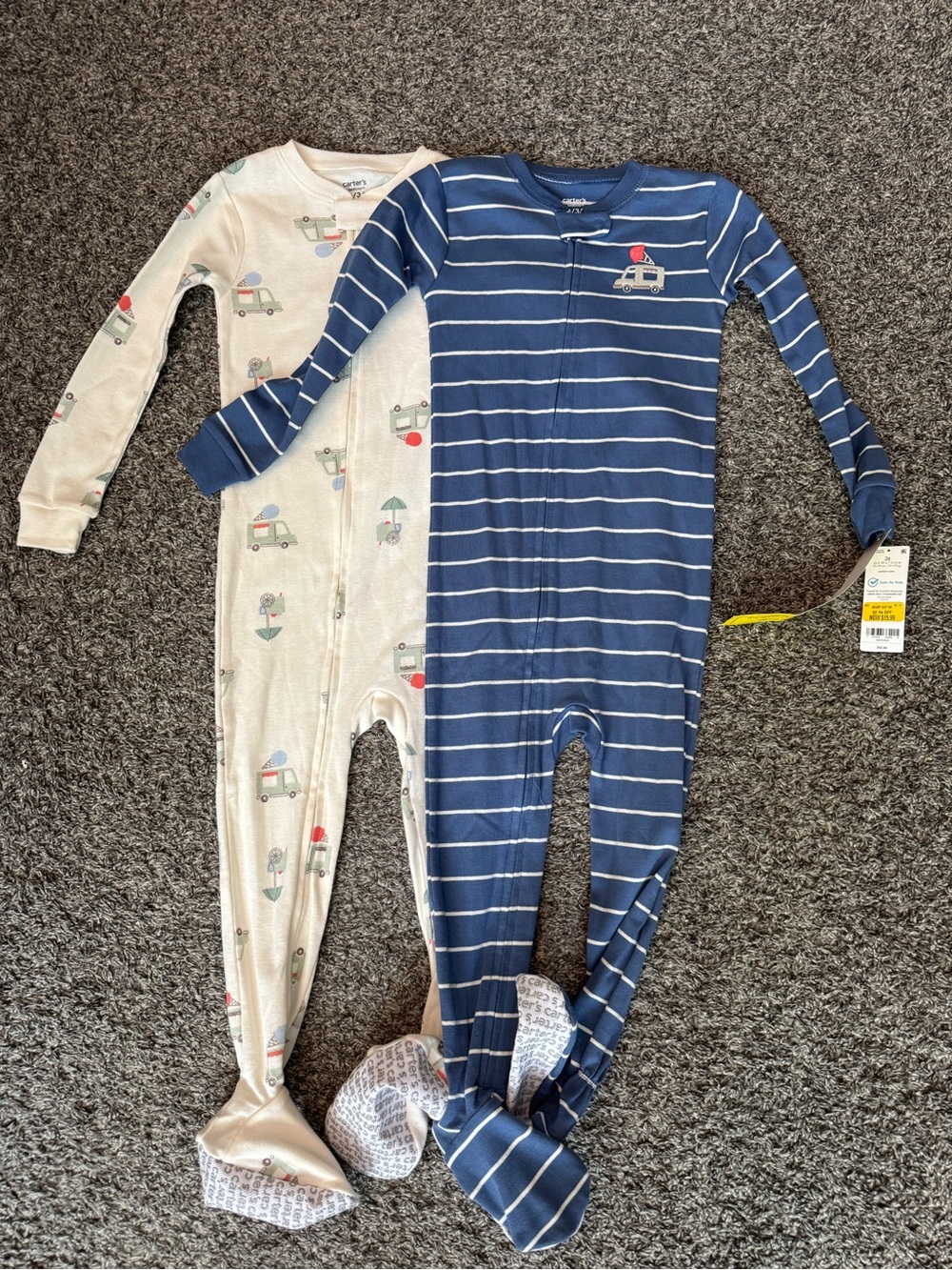 Carter's Navy Striped and Cream Car-Print Footed Pajama Set